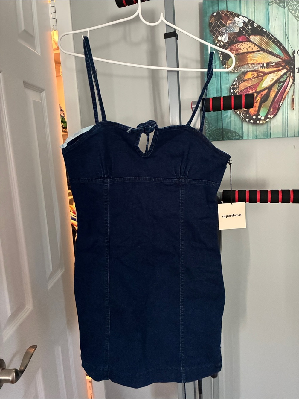 superdown Dark Blue Denim Mini Dress with Spaghetti Straps